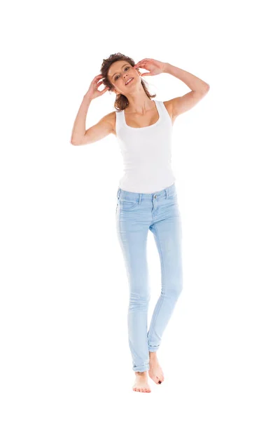 Full Längd Porträtt Leende Söt Ung Kvinna Blå Jeans Står — Stockfoto