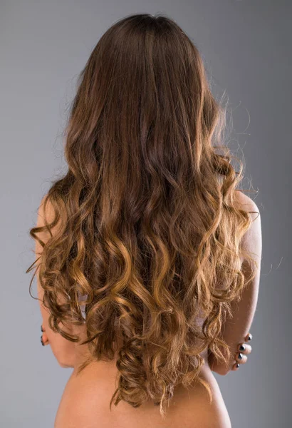 Weiblich Lange Wellige Brünette Haare Rückansicht Isoliert Auf Grauem Hintergrund — Stockfoto