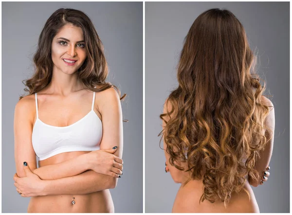 Collage Glückliche Sportliche Frau Weiblich Lange Wellige Brünette Haare Rückansicht — Stockfoto