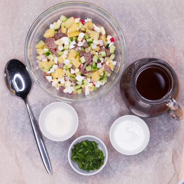 Okroshka - Russian Cold vegetable Soup. on the plate — Stock Image Okroshka Russian Cold Vegetable Soup Plate Royalty Free Stock Photos