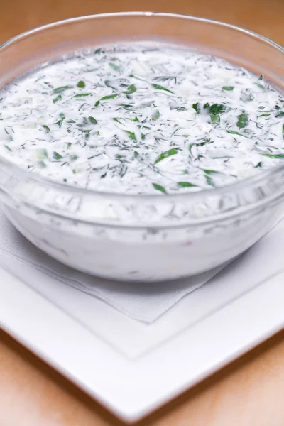 Okroshka - Russian Cold vegetable Soup. on the plate — Stock Image Okroshka Russian Cold Vegetable Soup Plate Stock Image