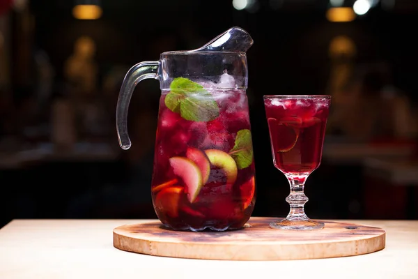 Homemade Red Wine Sangria Orange Apple Strawberry Ice Glass Pitcher — Stock Photo, Image