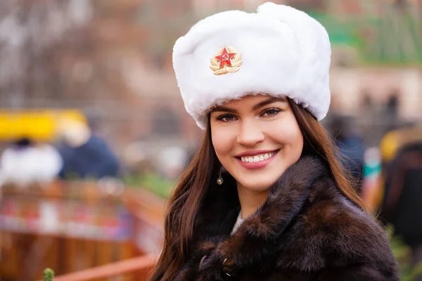 Russian Beauty Portrait Young Beautiful Girl White Hat Fur Hat — Stock Photo, Image