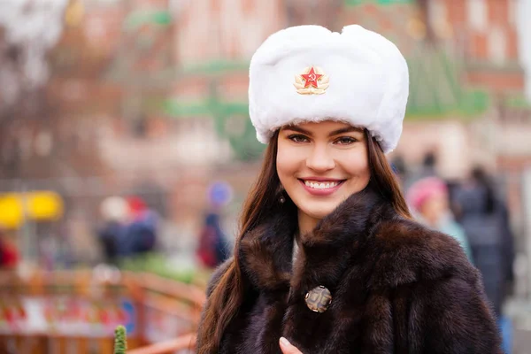 Russian Beauty Portrait Young Beautiful Girl White Hat Fur Hat — Stock Photo, Image