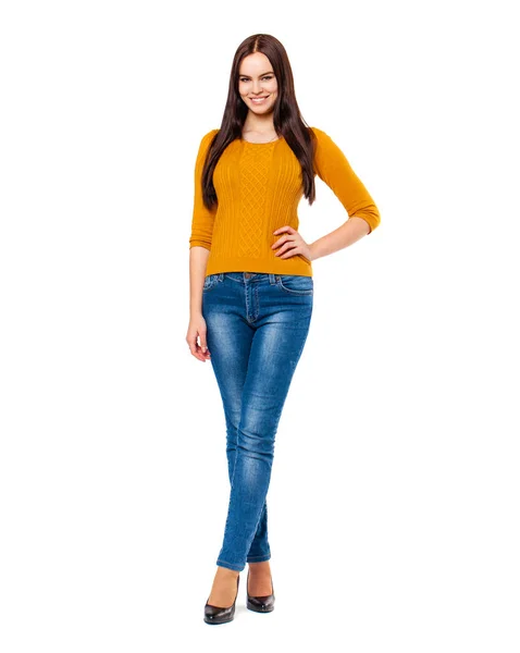 Happy Brunette Woman Blue Jeans Mustard Sweater Isolated White Background — Stock Photo, Image