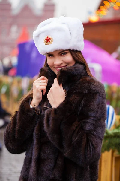 Russian Beauty Portrait Young Beautiful Girl White Hat Fur Hat — Stock Photo, Image