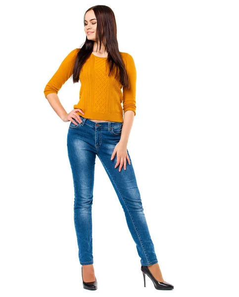 Happy Brunette Woman Blue Jeans Mustard Sweater Isolated White Background — Stock Photo, Image