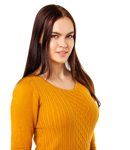 Happy Brunette Woman Blue Jeans Mustard Sweater Isolated White Background — Stock Photo, Image