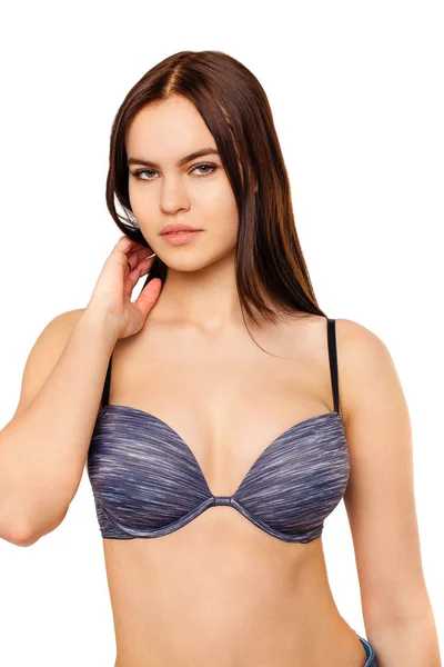 Giovane Donna Bruna Sexy Reggiseno Blu Isolato Sfondo Bianco — Foto Stock