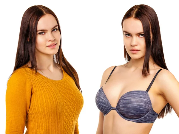 Twee Sexy Modellen Collage Jonge Sexy Brunette Vrouwen Beha Geïsoleerd — Stockfoto