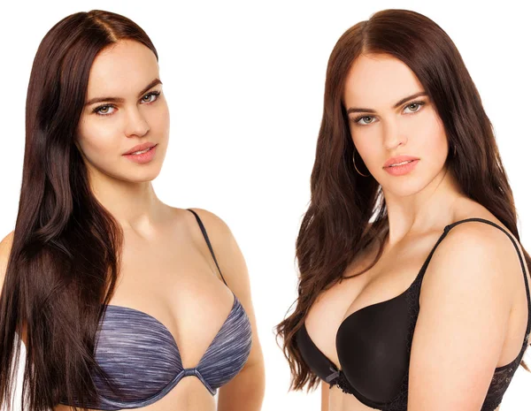 拼贴两个性感模特 年轻性感的黑发妇女在胸罩 被隔绝在白色背景 — 图库照片