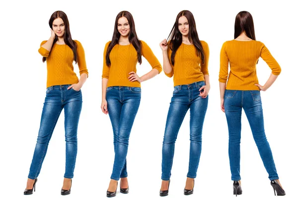 Collage Cuatro Modelos Felices Mujeres Morenas Jeans Azules Suéter Mostaza — Foto de Stock