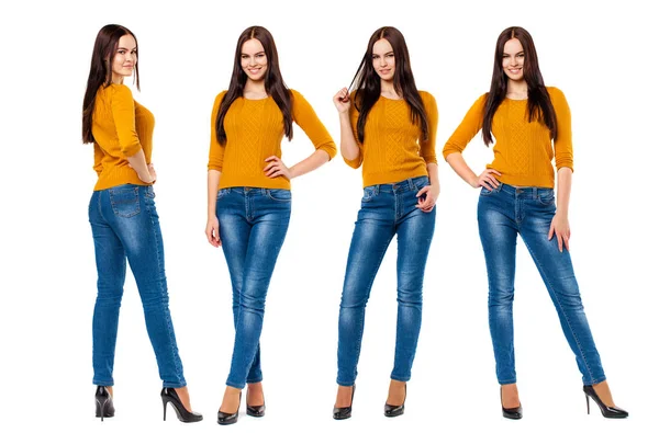 Collage Quatre Modèles Heureux Brunette Femme Jeans Bleus Pull Moutarde — Photo