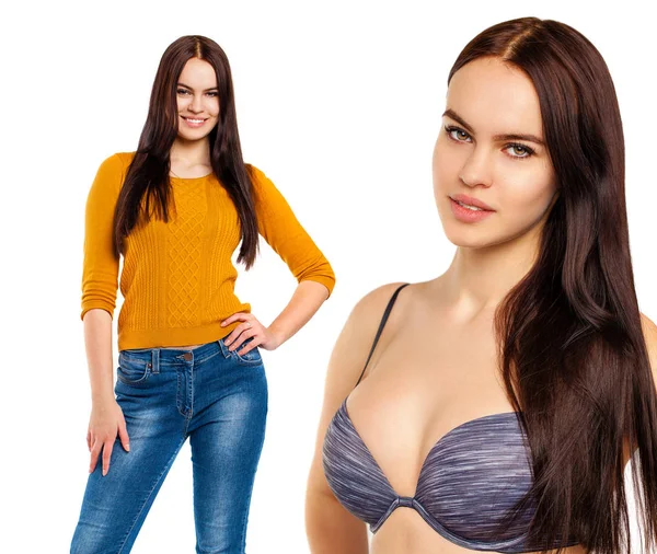Collage Två Sexiga Modeller Ung Sexig Brunett Kvinnor Isolerad Vit — Stockfoto