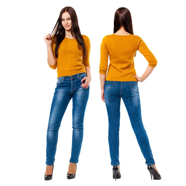 Colagem Mulheres Morenas Felizes Jeans Azuis Camisola Mostarda Isolado Fundo — Fotografia de Stock