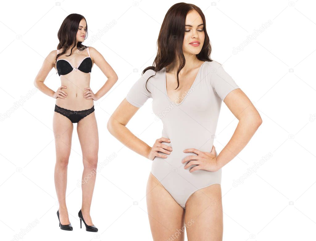 Collage two sexy models. Full portrait of brunette woman in black lingerie, isolated on white background