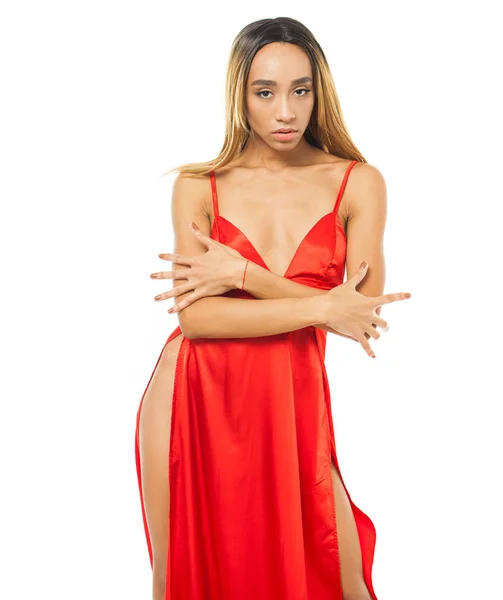 Gros Plan Portrait Jeune Femme Africaine Sensuelle Robe Rouge Plan — Photo