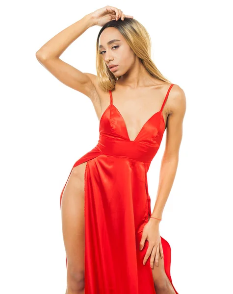 Primer Plano Retrato Sensual Joven Africana Vestido Rojo Estudio Mujer —  Fotos de Stock