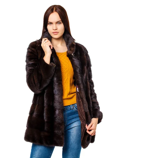 Young Beautiful Brunette Woman Fur Mink Coat Posing White Isolated — Stock Photo, Image