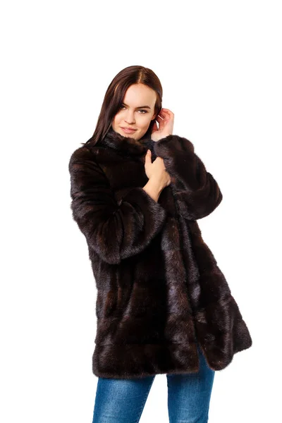 Young Beautiful Brunette Woman Fur Mink Coat Posing White Isolated — Stock Photo, Image