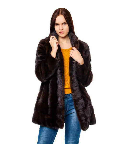 Young Beautiful Brunette Woman Fur Mink Coat Posing White Isolated — Stock Photo, Image