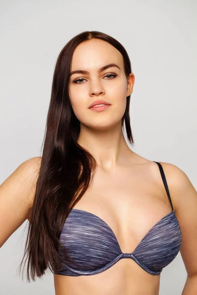 Young Sexy Brunette Woman Blue Bra Isolated White Background — Stock Photo, Image