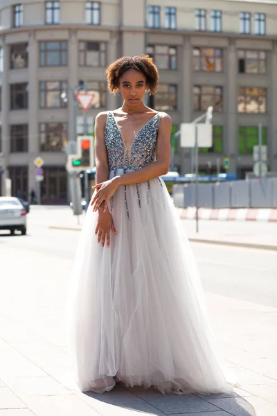 Sexy African Woman White Long Dress Posing Summer Street Background — Stock Photo, Image