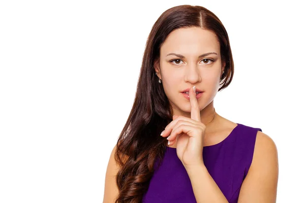 Woman Requires Silence Young Beautiful Brunette Girl Has Put Forefinger — Stock Photo, Image