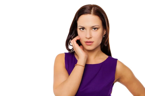 Young Happy Brunette Woman Purple Dress Isolated White — Stock Photo, Image
