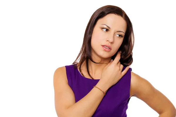 Young Happy Brunette Woman Purple Dress Isolated White — Stock Photo, Image