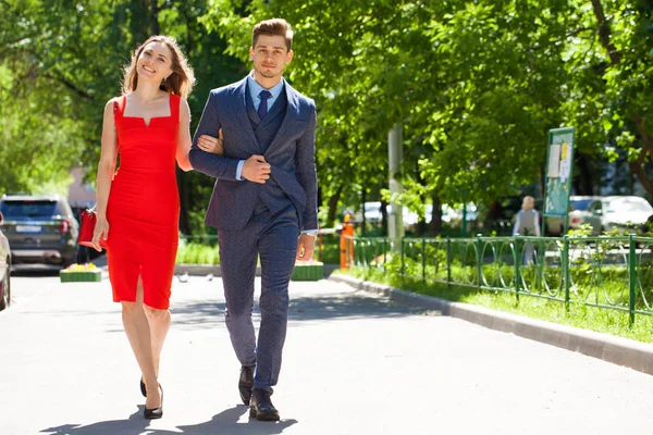 Young Couple European Woman Man Walking City Street Holding Hands — Stock Photo, Image