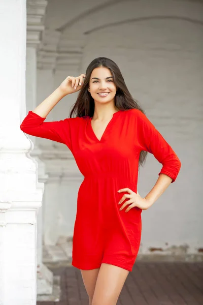 Portrait Close Young Beautiful Woman Red Dress — Stock Photo, Image