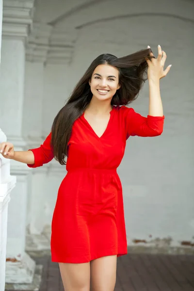 Portrait Close Young Beautiful Woman Red Dress — Stock Photo, Image