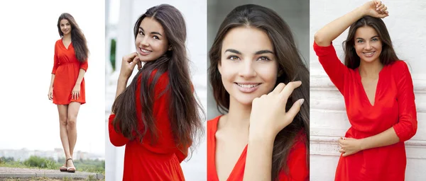 Hermosa Mujer Joven Vestido Rojo Sobre Fondo Bloque Pared Piedra —  Fotos de Stock