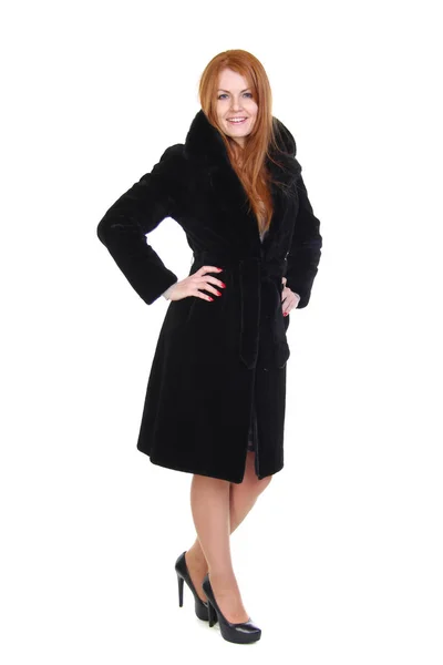 Redhead Young Woman Black Fur Coat Isolated White — Stock Photo, Image