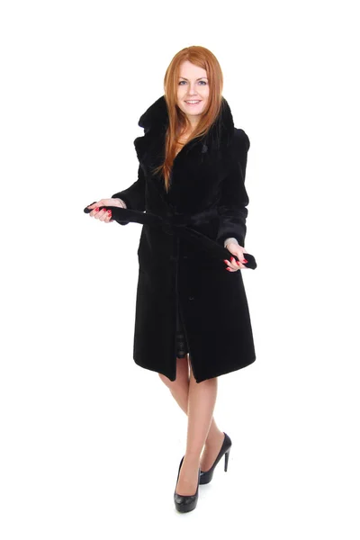 Redhead Young Woman Black Fur Coat Isolated White — Stock Photo, Image