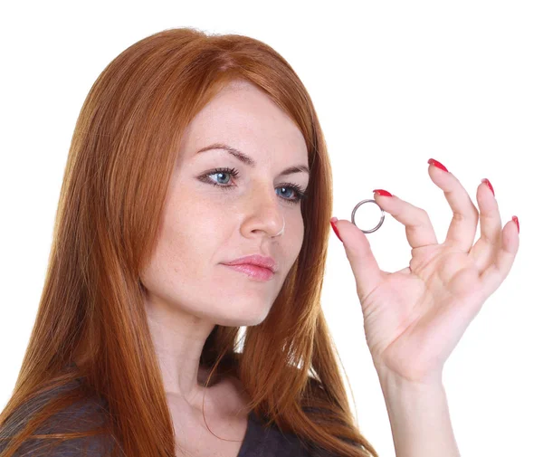 Portrait Belle Jeune Femme Rousse Robe Isolée Sur Fond Blanc — Photo