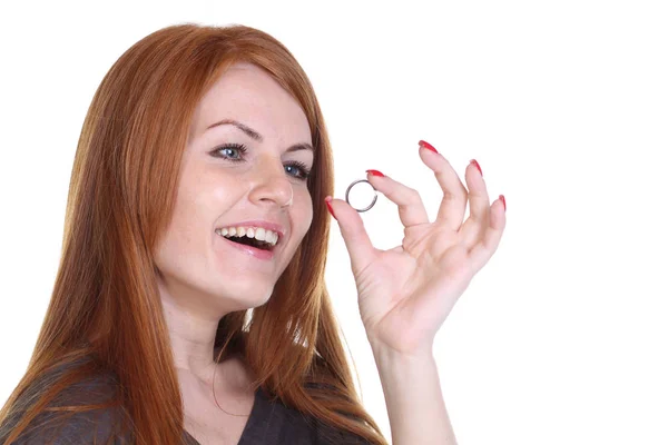 Portret Van Mooie Jonge Rode Haren Vrouw Jurk Geïsoleerd Witte — Stockfoto