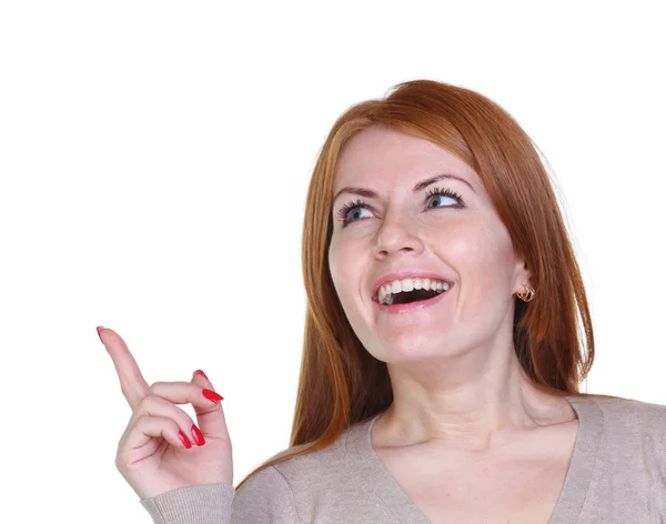 Mujer Feliz Señalando Con Los Dedos Aislada Sobre Fondo Blanco — Foto de Stock