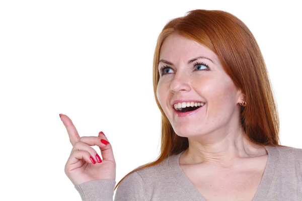 Mutlu Kadın Beyaz Arka Plan Üzerinde Izole Parmakları Ile Işaret — Stok fotoğraf