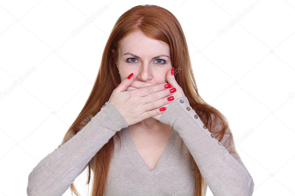 Young red hair Woman with hand cover her mouth