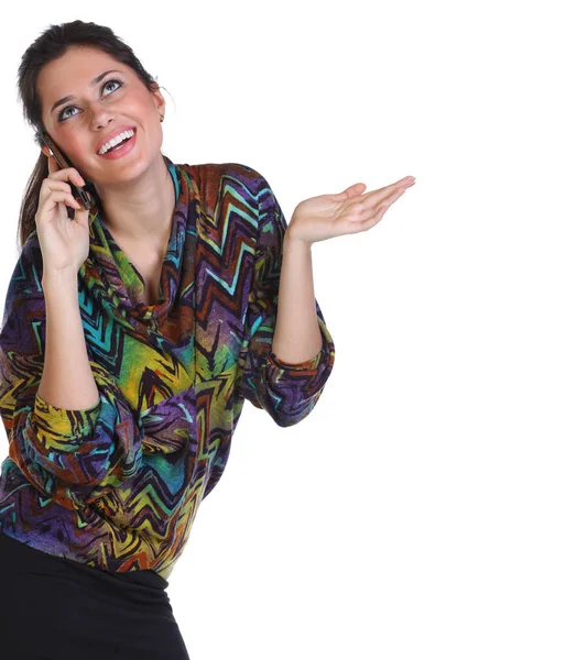 Retrato Mujer Feliz Sonriente Llamando Por Teléfono Aislado Sobre Fondo —  Fotos de Stock