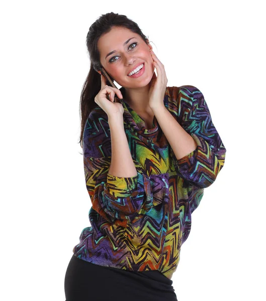 Retrato Mulher Sorridente Feliz Chamando Por Telefone Isolado Fundo Branco — Fotografia de Stock