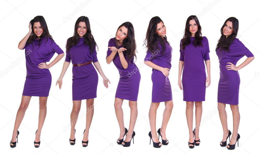 Collage six fashion models. Portrait of a full length young beautiful brunette women in a short purple dress, isolated on a white background