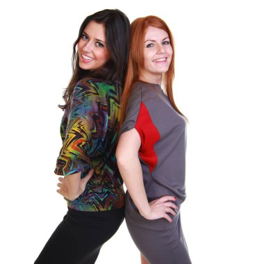 İki kız arkadaşım - esmer ve Kızıl saçlı model, izole üzerinde beyaz arka plan portresi