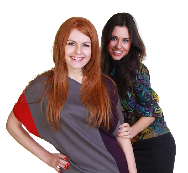 Portrait Two Girlfriends Brunette Red Haired Model Isolated White Background — Stock Photo, Image