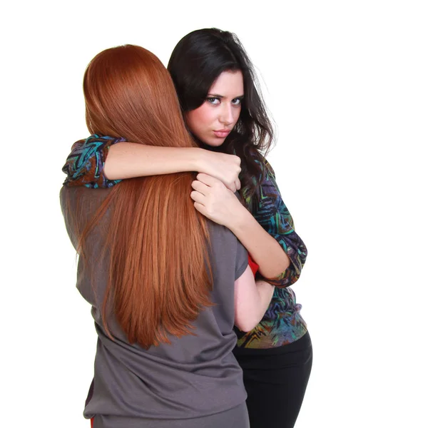 Joven Hermoso Pelo Rojo Morena Chicas Abrazos Frente Fondo Blanco —  Fotos de Stock