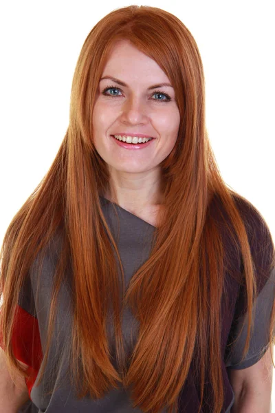 Portrait Belle Jeune Femme Rousse Isolée Sur Fond Blanc — Photo