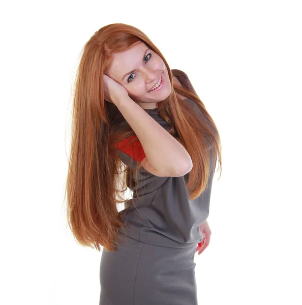 Retrato Bela Jovem Mulher Cabelo Vermelho Isolado Fundo Branco — Fotografia de Stock