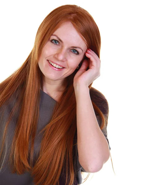 Retrato Bela Jovem Mulher Cabelo Vermelho Isolado Fundo Branco — Fotografia de Stock